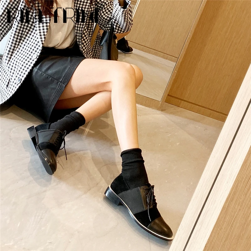 

RIBETRINI Big Size 33-43 Elegant Ins Lady Chunky Heels Shoes Woman Lace Up Flats Women Casual Cool Black Spring Flats