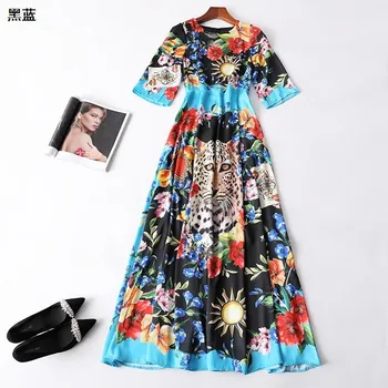 

New 222309 women s summer round collar zipper 7 minutes of sleeve printed super long dress
