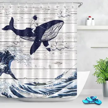 

Ocean Wave Shower Curtain Astronauts Riding Whales Shark Vintage Wooden Bathroom Curtains Fabric Art Shower Bathroom Accessories