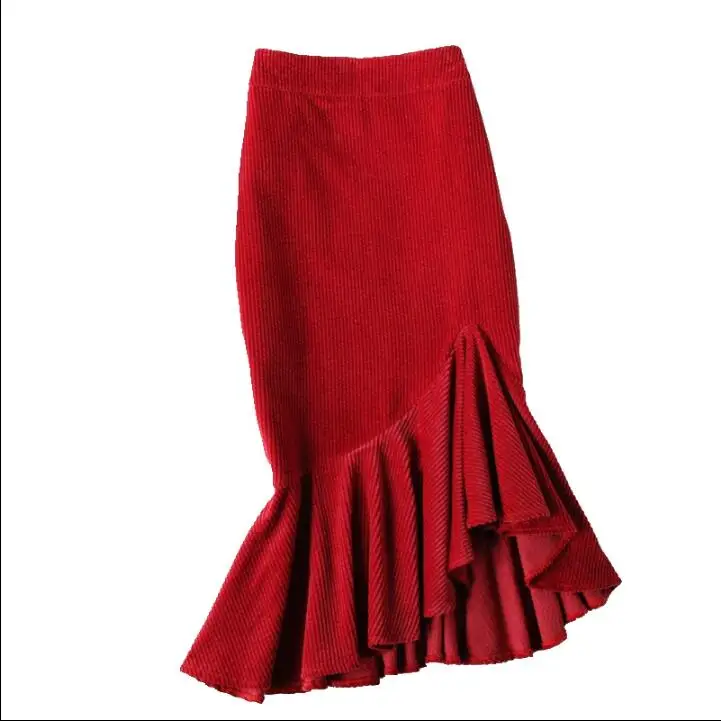 Размера плюс 4XL! Асимметричная юбка рыбий хвост с высокой талией, Женская Зимняя юбка с оборками, однотонная шерстяная Офисная Женская юбка TB3749
