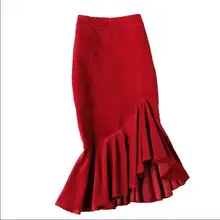 Размера плюс 4XL! Асимметричная юбка рыбий хвост с высокой талией, Женская Зимняя юбка с оборками, однотонная шерстяная Офисная Женская юбка TB3749