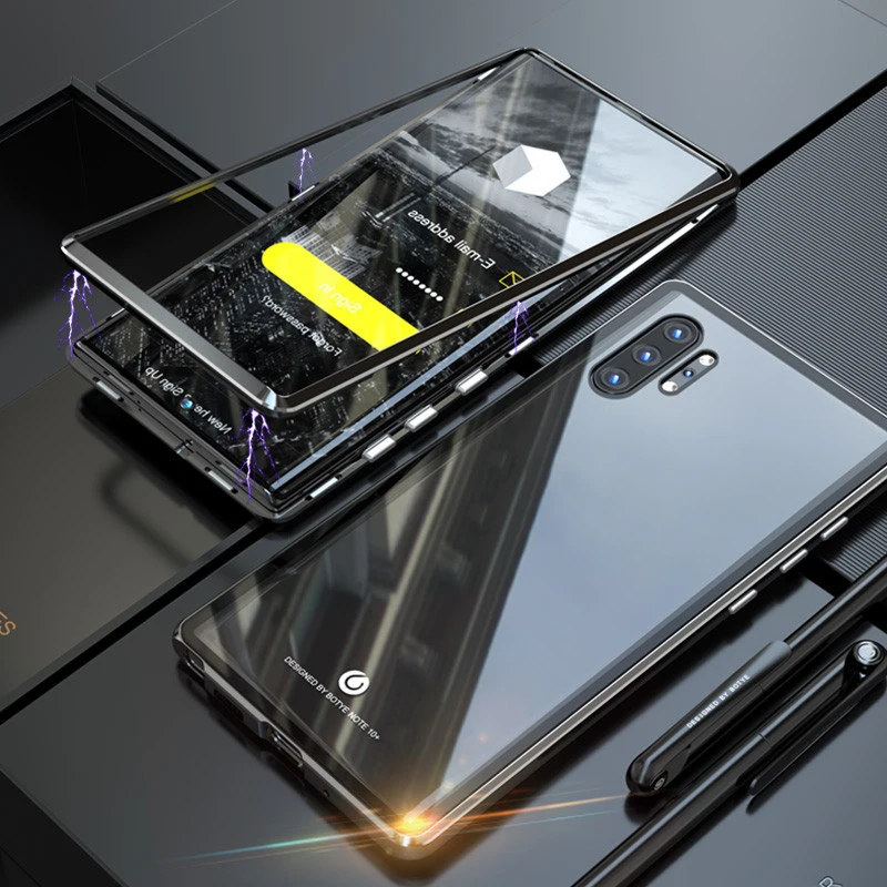 Black Роскошный Магнитный чехол для samsung Galaxy Note 10 Plus+ закаленное стекло Note10plus металлическая рамка адсорбционная Защитная крышка для телефона - Цвет: Black