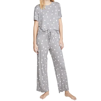 

Loose Daily Crew Neck Women Pajama Set Cute Printed Short Sleeve Sleepwear Top Pants Summer Breathable Elastic Waist Home Casual