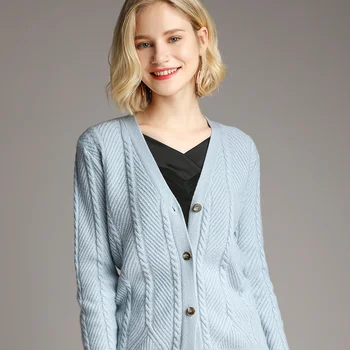 

V-Neck Retro Sweater Cardigan Woman Sweater 100% Pure Wool Sweater Cable Knit Cardigan Coat Autumn and Winter New