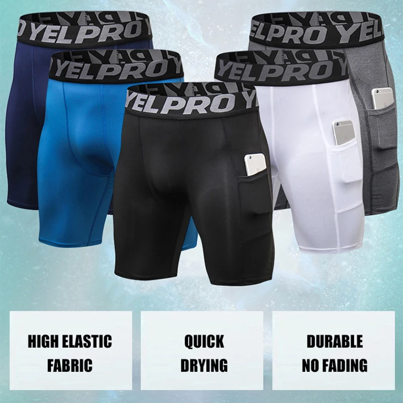 Men Running Shorts With Phone Pocket Quick Dry Workout Gym Shorts Compression Training Crossfit Fitness Tights