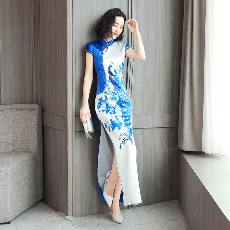 Синий белый павлин печати стразы Qipao Китайский Свадебный банкет вечернее платье женское длинное шелковое Cheongsam Vestidos 5XL