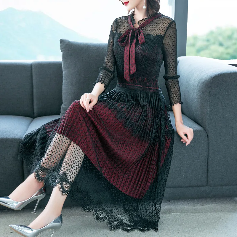 Платье женское Ранняя осень Новое модное большое эластичное платье Miyake Плиссированное тонкое платье с бантом на талии с рукавом три четверти горячая распродажа