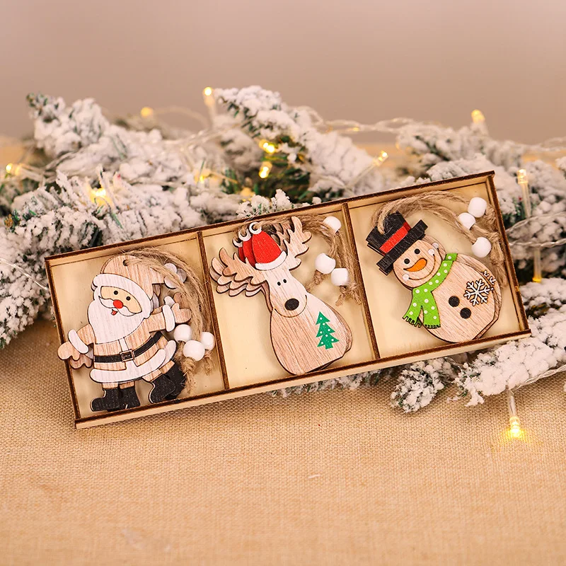 9pcs/box Christmas Car Wooden Pendants Xmas Tree Hanging Ornaments Christmas Decorations for Home Kids Gift Noel Navidad Decor