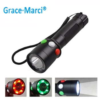 

GM Powerful Flashlight Tricolor Train Signal Q5 LED Torch Light with Red white green 18650 rechargeable USB charge Flashlight