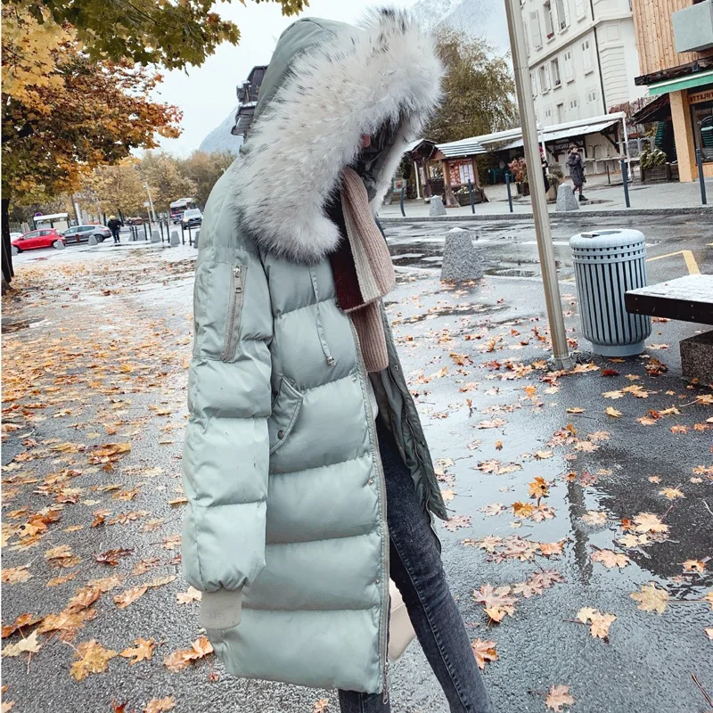 

Photo Shoot Main Push CHIC Elegant Avocado Green down Coat Mid-length Lace-up Hooded Large Fur Collar Cotton Overcoat Women's