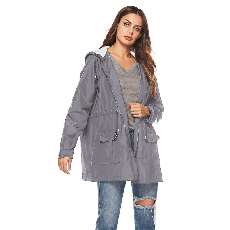 Женский водонепроницаемый ветрозащитный дождевик, двухслойный дождевик с капюшоном, для активного отдыха, определенная талия, молния, ветровка