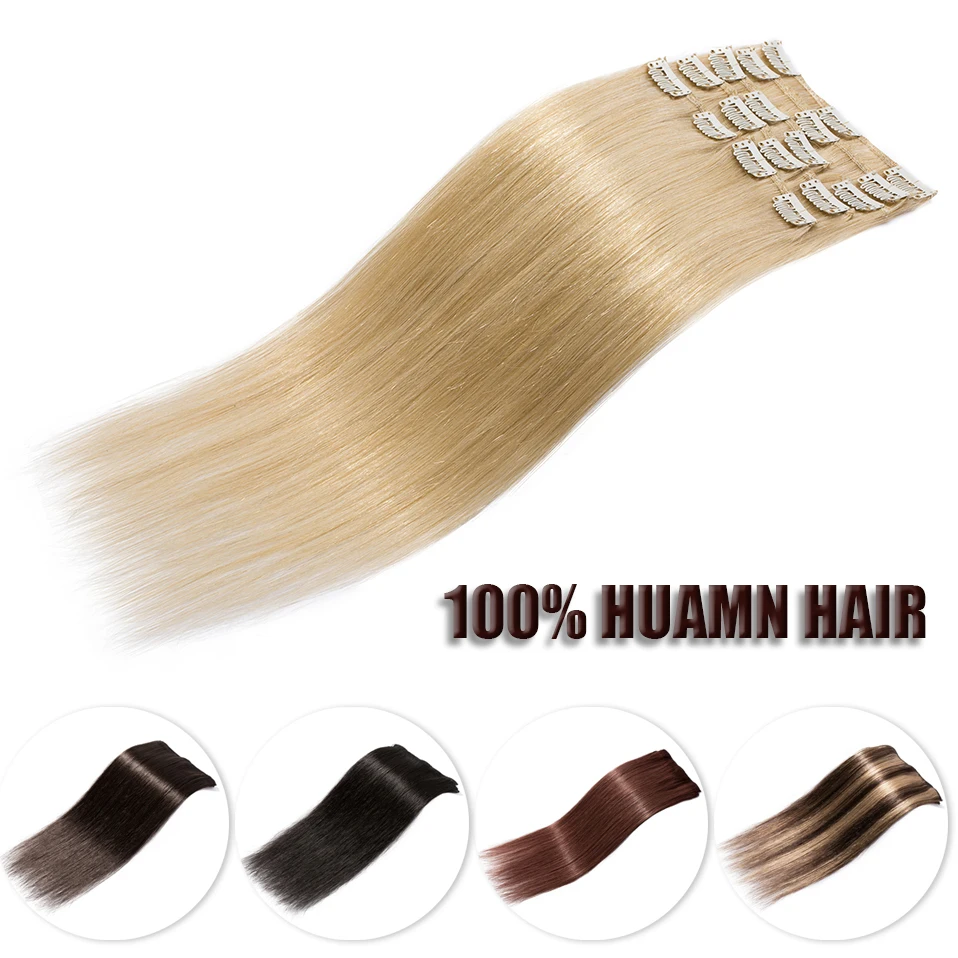S-noilite 50g-80g 10"-24" Non-Remy 18 Clips 8Pcs Full Head Real Hair Ombre Brown Highlight Clip In Straight Human Hair Extension
