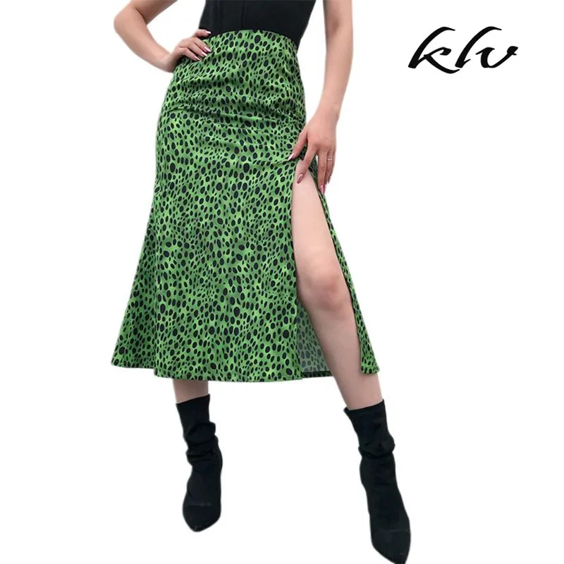 Женская сексуальная высокая талия трапециевидная длинная юбка миди винтажная зеленая леопардовая точечная печать Сторона Сплит пакет бедра Коктейльные вечерние клубная одежда