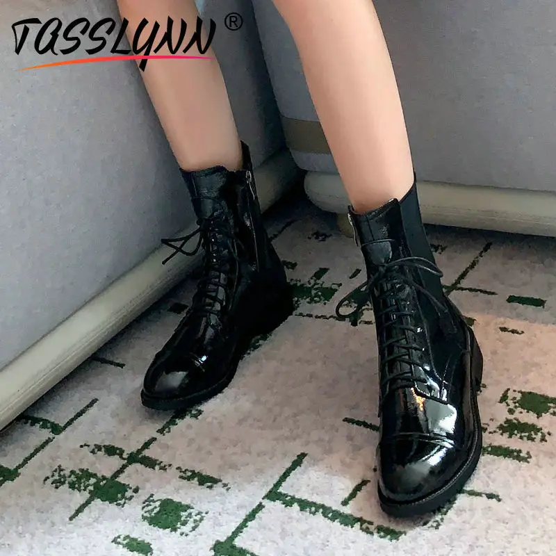 

TASSLYNN 2019 Winter Boots Women Boots Synthetic Women Boots Cow Leather PU Round Toe Shoes Square Low Heels Ankle Boots 34-39