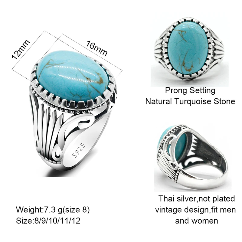 Natural Turquoise Stone Ring for Men 925 Sterling Silver Vintage Statement Oval Blue Stone Men’s Ring Turkish Handmade Jewelry - Image 2