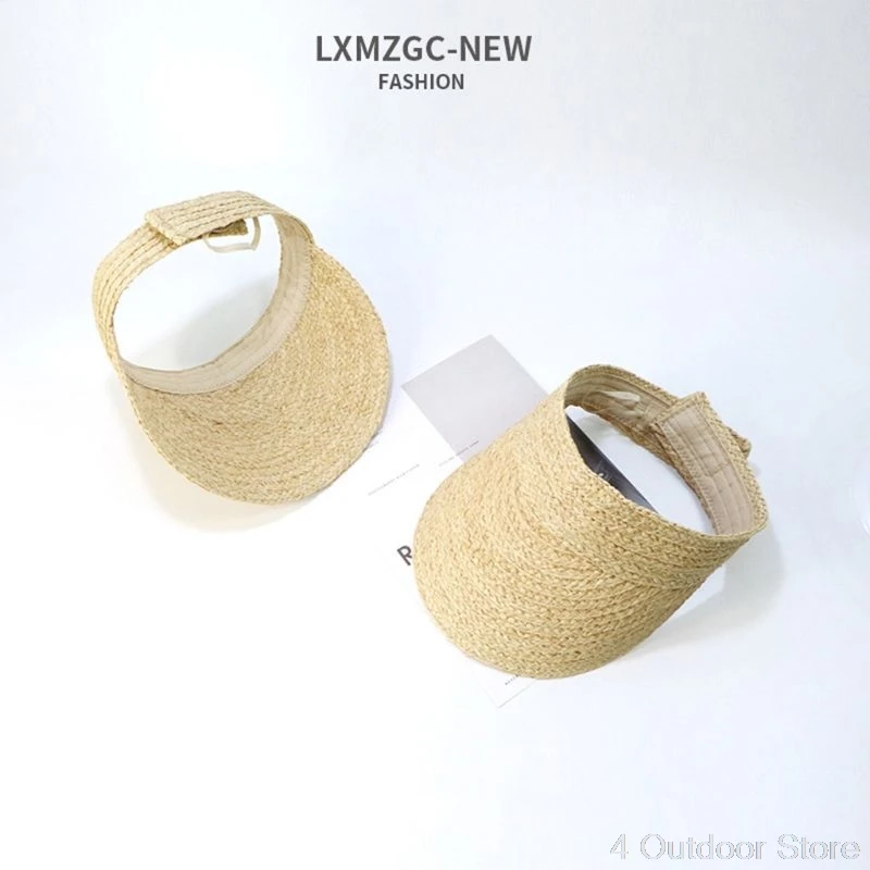 Ladies Summer Handmade Woven Raffia Straw Sun Visor Hat Empty Top Wide Brim UV Protection Adjustable Cap O01 20