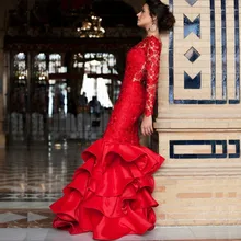 

Elegant Lace Mermaid Evening Dress Red Long Sleeve Prom Dresses Backless Formal Gowns Ruffles Sweep Train Vestido de Festa Longo