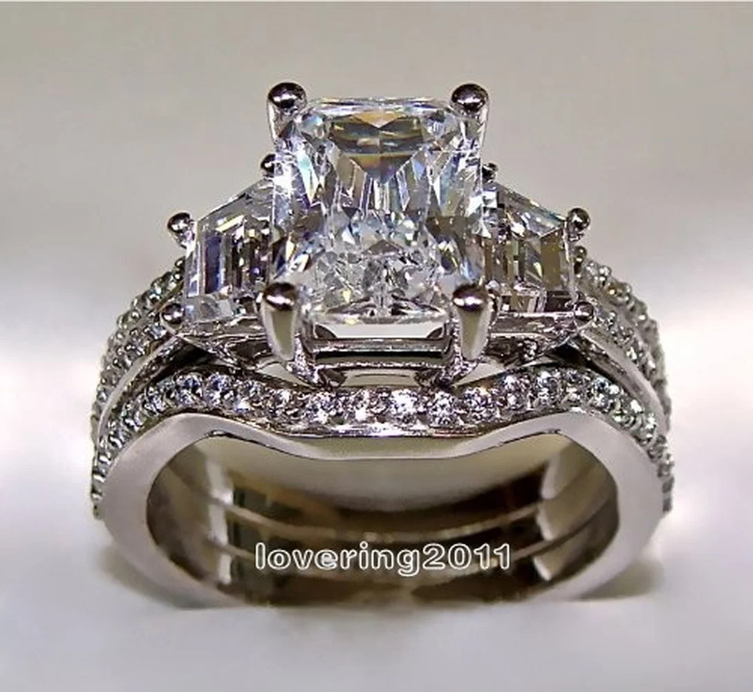 Bagues Vintage en zircon pour hommes et femmes, ensemble de bagues de mariage, fiançailles, couleur argent, or blanc 10K, 3ct