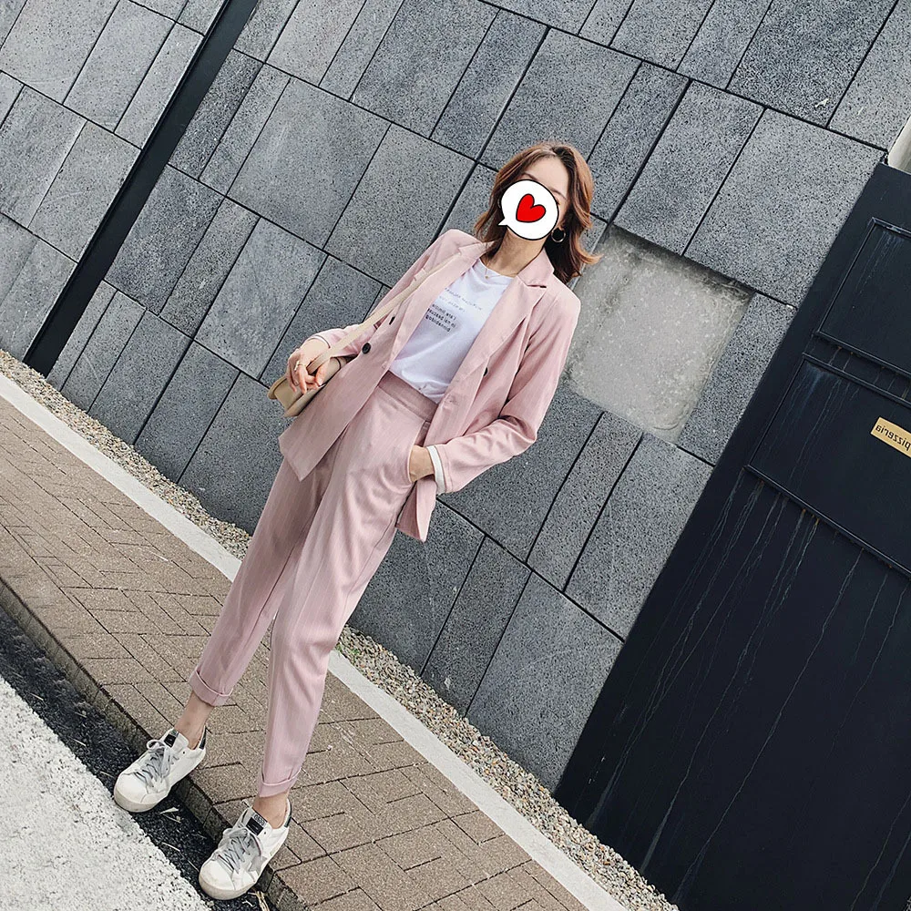 

2019 Autumn New Style Elegant Casual Small Suit WOMEN'S Suit Western Style Slimming Stripes Two-Piece Set