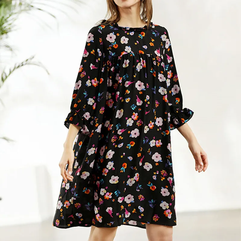 

Loose Floral Print Women Silk Dress Ruffle Sleeve Casual Mini Dress Pregnant Woman Clothing