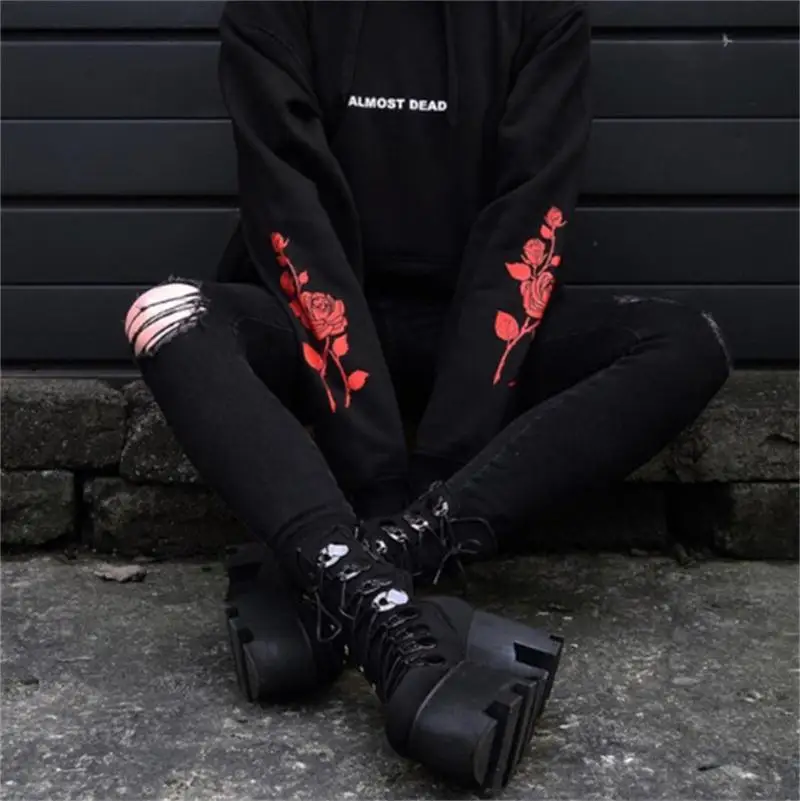 InsGoth Женская толстовка свободная толстовка с капюшоном Harajuku Grunge готический, панк, черный толстовки с принтом розы, винтажная Толстовка Пуловеры Топы - Цвет: Black