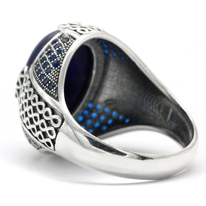 Lapis Lazuli Stone for Men 925 Sterling Silver Blue Stone Vintage Stripe Ring Turkish Thai Silver Jewelry for Male Women Gift - Image 3