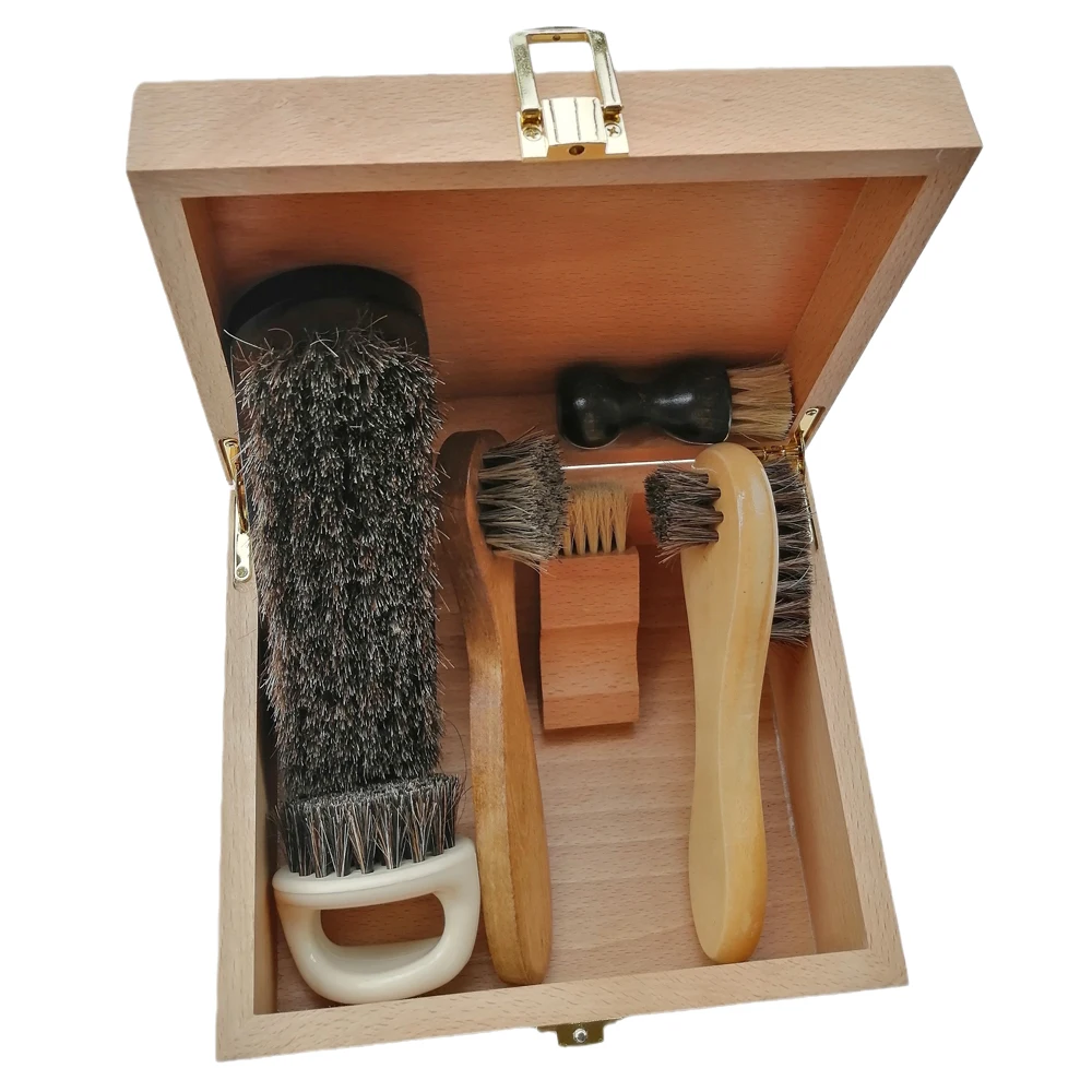 Handmade Strong and Durable Shoe Brush Storage Box, Natural Wood, Clamshell Cleaning Tool, Toolkit 6