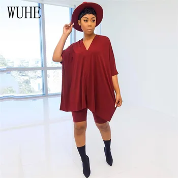 

WUHE Two Piece Set Women Sets Loose Summer Tracksuits V-Neck T-Shirt+Shorts Suit Night Club Party 2 Pcs Sportswear Street