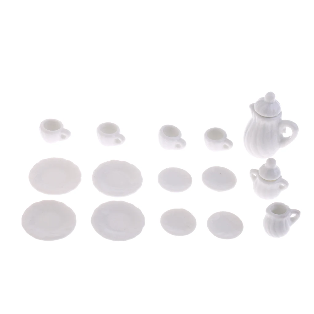 Miniature 15pcs White Ceramic China Tea Set Pot Cup Plate For 1/12 Dollhouse