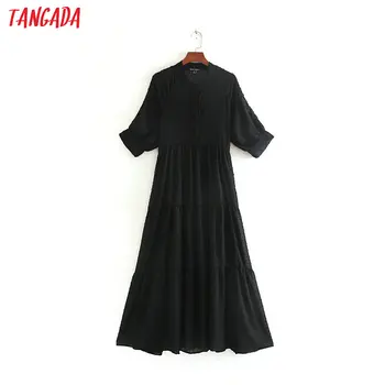 

Tangada Fashion Women black embroidery mesh Dress short Sleeve buttons Vintage Female midi dress Vestidos CE187
