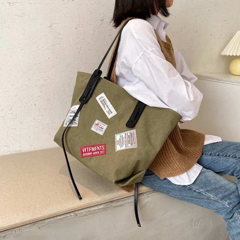 

Large Capacity Canvas Bucket Bag for Women New Trend Casual Patch Tote Handbag Female Stylish Solid Color Shoulder Shopping Bags