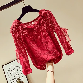 

2019 Autumn Red Lace Shirt Women's Wear Lace Stitching Mesh Hollow Temperament Jacket Female Lady Party Blouse Blusas Feminina