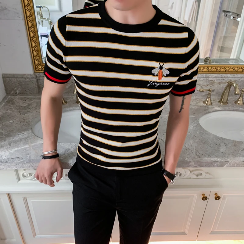 Трикотажная полосатая футболка с круглым вырезом Homme Camiseta Masculina, летний топ, уличная одежда для социальных клубов, облегающая футболка для мужчин