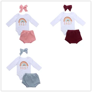 

Baby Girls 3 PCS Outfit Set Rainbow Letter Long Sleeve Button Closure Romper Triangle Short Triangle Pants Bow Hair Band Set