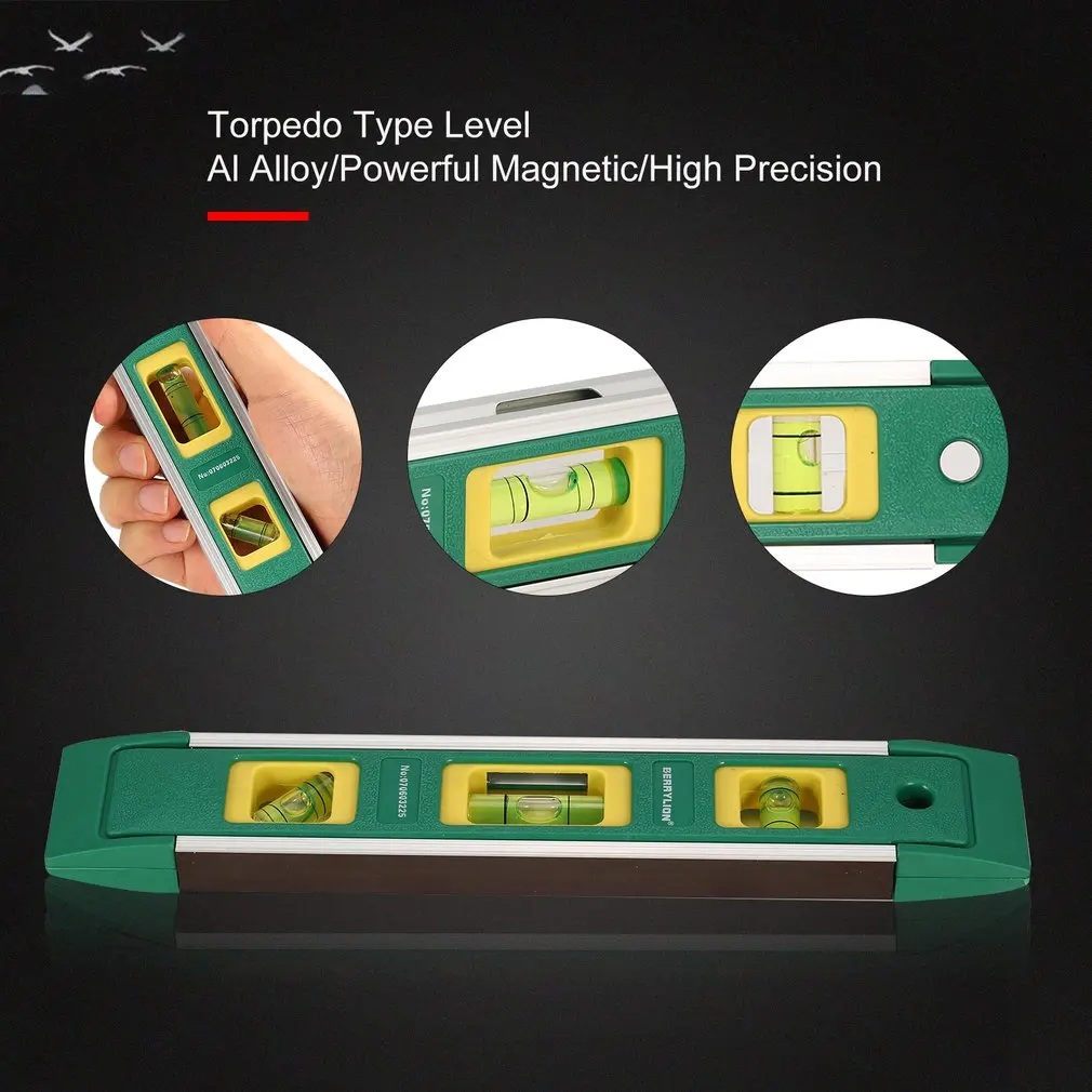 Уровень торпеды 225 мм магнитный градиентный Дух 3 флуоресцентный пузырьковый линейка Горизонтальный Вертикальный измерительный инструмент