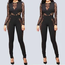 

Ladies Long Sleeve Hollow Open Back High Waist Jumpsuit 2021 Fashion Sexy Slim Lace Floral Jumpsuit Club Pants S-XL Bodysuits