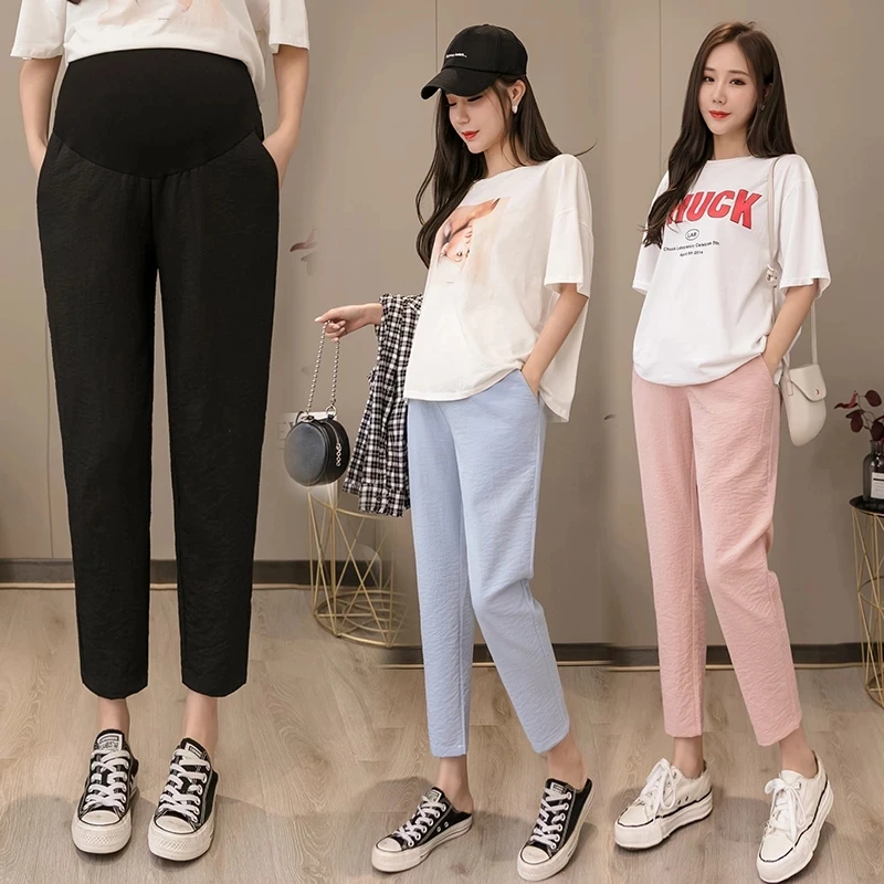 Summer Maternity Cotton Linen Pants Leisure Loose Pregnant Women Clothes High Elastic Waist Pregnancy Trousers Black Pink Blue 2