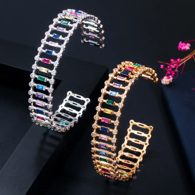 CWWZircons Chic Rainbow Cubic Zirconia Open Cuff 585 Gold Bracelet Bangle for Women Fashion Brand CZ Wedding Party Jewelry BG039