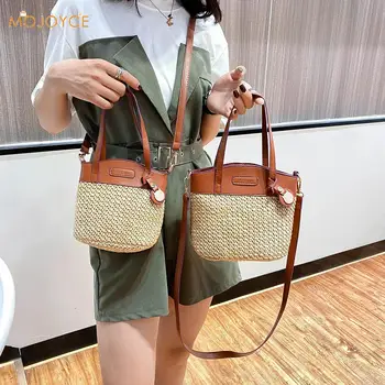 

Classic Texture Portable Women Straw Knit Messenger Handbag Creative Design Chic PU Splicing Holiday Shoulder Totes