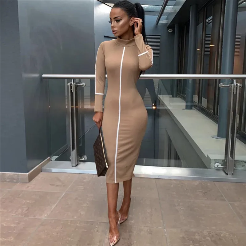 

Dress Turtleneck Full Sleeve Casual Long Dresses Fashion Striped Patchwork Ladies Skinny Vacation Clothes