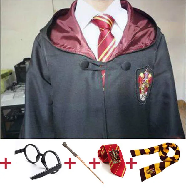 Gryffindor full set2 Косплэй костюмы робы накидка с шарфом палочка очки Гриффиндор равенклав, хуфлепуф, накидка факультета Слизерин Гарри Поттера костюм - Цвет: Gryffindor full set2