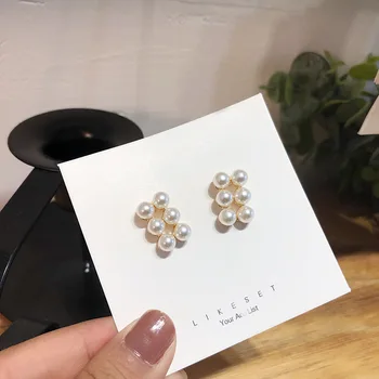 

FUN-BEAUTY Korean Fashion Minimalist Style Wild Double Row Pearl Earrings S925 Silver Needle Goddess Hypoallergenic Earrings