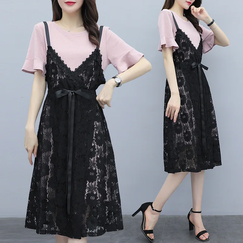 

2019 Summer New Style Large Size Dress Fat Mm Fashion Mid-length T + Camisole Lace Waist Hugging Skirt Two-Piece Set