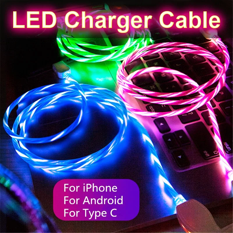 1 м 2 м 3 А светящийся светодиодный usb-кабель Micro USB кабель для зарядки type C 8-контактный кабель для быстрой зарядки QC 3,0 Quick Charge 3,0 2,0