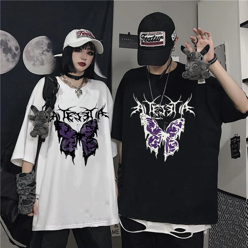 Women'S Fashion Printed T-Shirt Gothic Trend T-Shirt Summer Couple Harajuku Hip Hop O Collar Butterfly Top Loose Punk Clothing