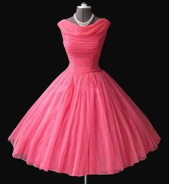 

2020 1950's Vintage Bateau Neckline Tea-length Puffy Ball Gown Water Melon Chiffon Short Prom Dresses Evening Party Gowns