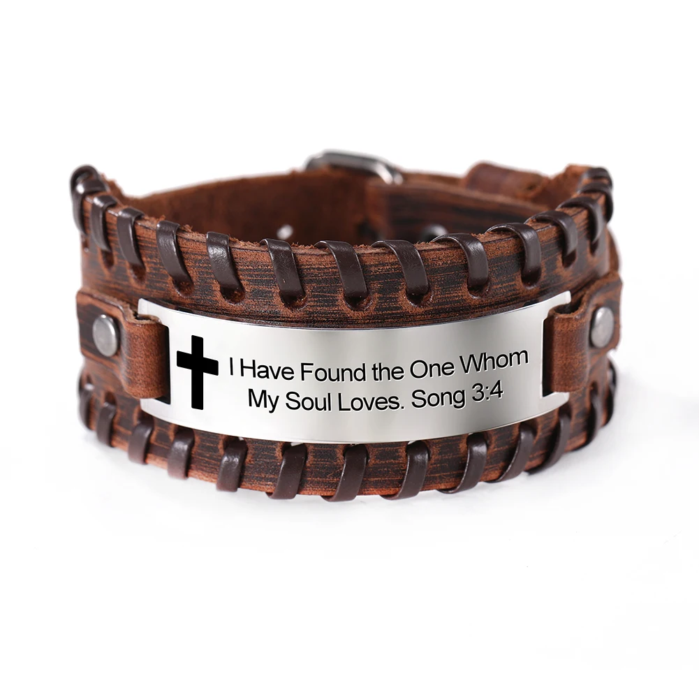 EUEAVAN 5pcs Proverb Positive Black/Brown Leather Bracelet Saying Charm Stainless Steel Jewelry For Men Gift Wholesale