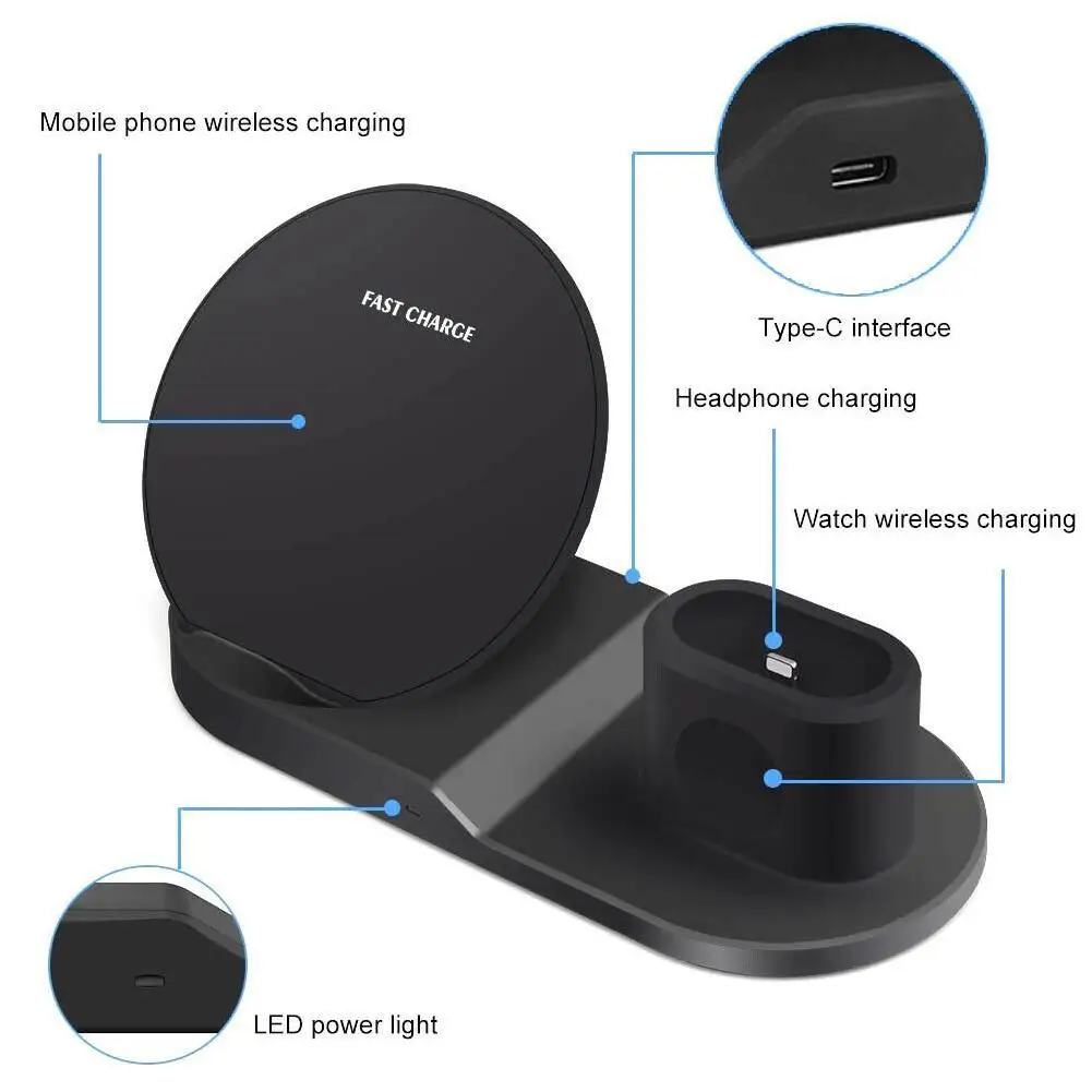 3 в 1 Быстрое беспроводное зарядное устройство 3в1 Беспроводная зарядная док-станция Qi 10 Вт