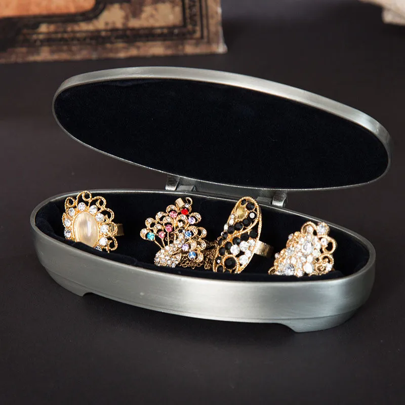 European Classical Carved Rose Oval Long Women's Jewelry Box Vintage Zinc Alloy Wedding Ring Gift Storage Box