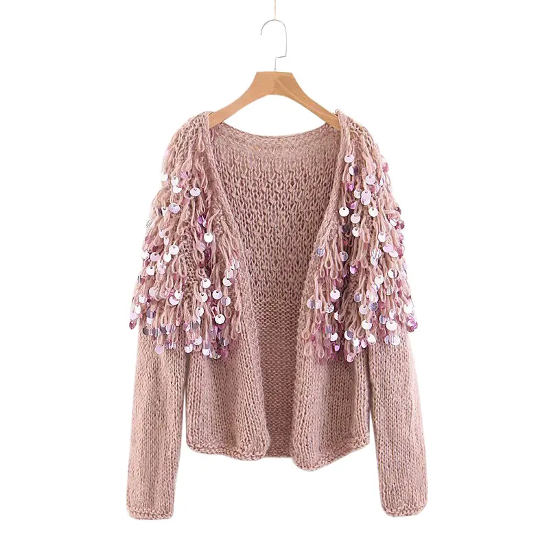 Hand Knitted Beading Cardigan Women Fringed Sweater Loose 3D Sequined Tassels Coat Hollow Wool Circles Fringed Jacket Tops